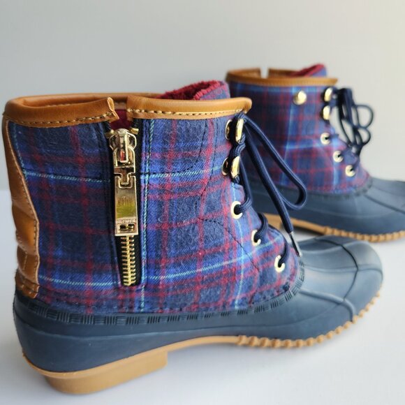 Tommy Hilfiger ROAN Size 9 Navy Plaid Lace Up Duck Boot Faux Fur Lined Rain Boot - Picture 8 of 11